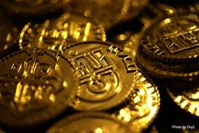 Closeup photo of the Golden bitcoins