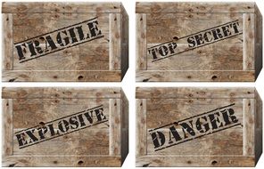 vintage wooden boxes with caution stamps, drawing