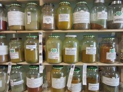spices in transparent jars on the shelf