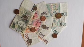 coins on the background of the Czech koruna banknotes