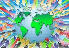 colourful poster of hands reaching to a globe