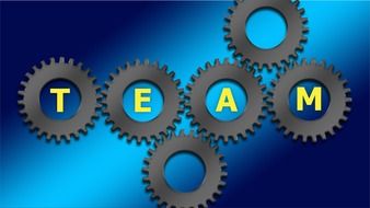 team spelled in silver gears on a blue background