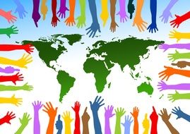 colored hands on the background of a green globe