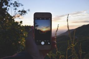 smartphone taking a picture of a beautiful sunset