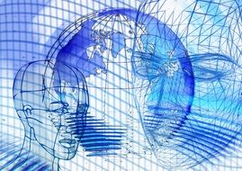 wireframe drawings of the face on the background of the globe