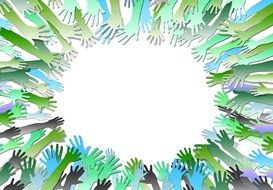 colored hands in a circle on a white background
