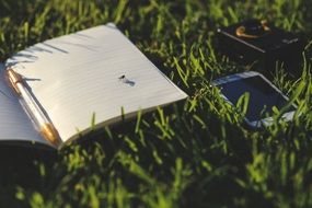 smartphone and notebook lie on green grass