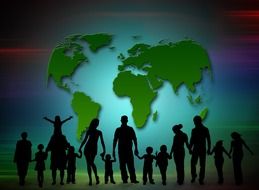 silhouettes of a large family on a globe