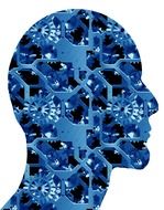 blue silhouette of a head with gears