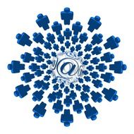 E mail network drawing with blue figures on white background