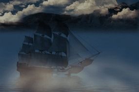 painted sailing ship in the fog