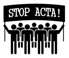 stop acta, demonstration, group of people with banner, drawing