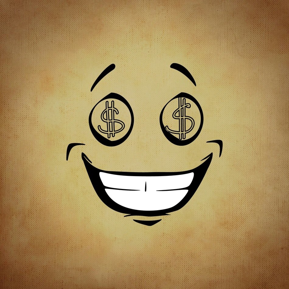 smiling face sketch wits dollar signs at eyes
