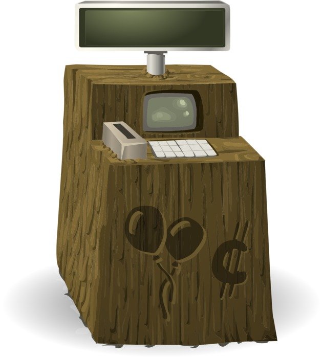 wooden cash register with a cut-out picture of balls on it