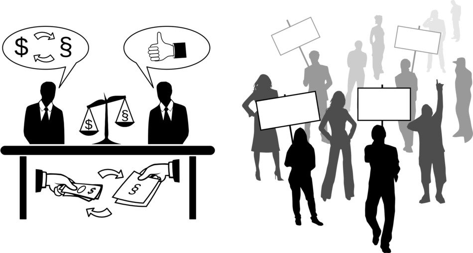 lobbying, blackmail, business as a drawing
