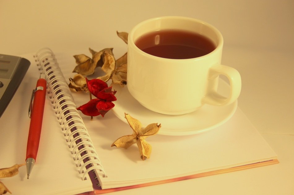 Herbal tea on the notebook with the pen