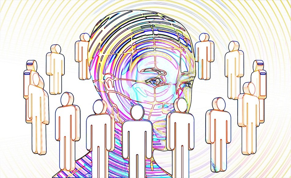 drawing of man's head surrounded by many figures