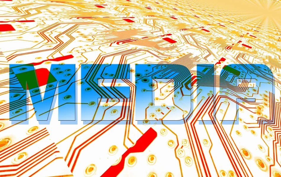 The word 'media' against the background of abstraction