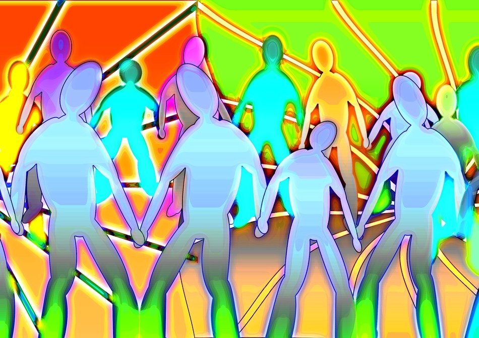 painted multi-colored persons in the process of interaction