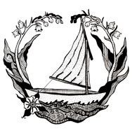 black and white image of a sailing boat in a floral wreath