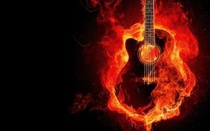 Guitar On Fire, dark background with copyspace