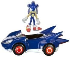 cartoon hero sonic near a blue car