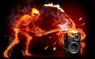 Rockân Roll, burning skeleton breaks guitar, digital art