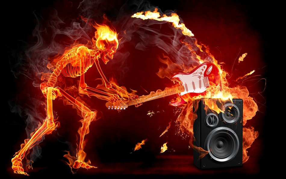 Rockân Roll, burning skeleton breaks guitar, digital art