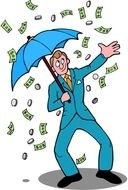 a man in a blue suit in the rain of money