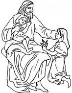 Black and white drawing of the Jesus with the children clipart