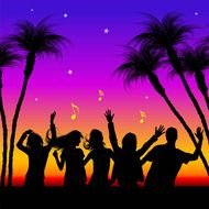 drawn dancing people on a tropical island at sunset background