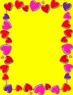 frame of multicolored hearts on a yellow background