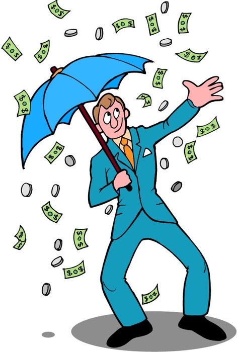 a man in a blue suit in the rain of money