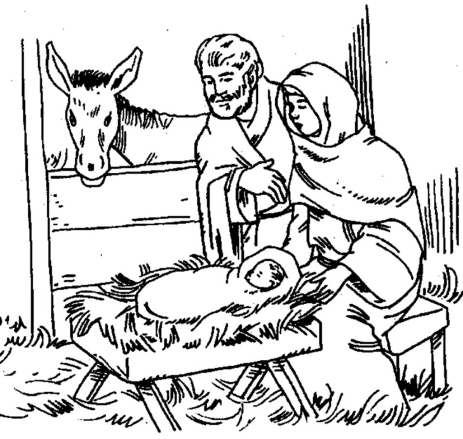 painted newborn Jesus with parents in the barn