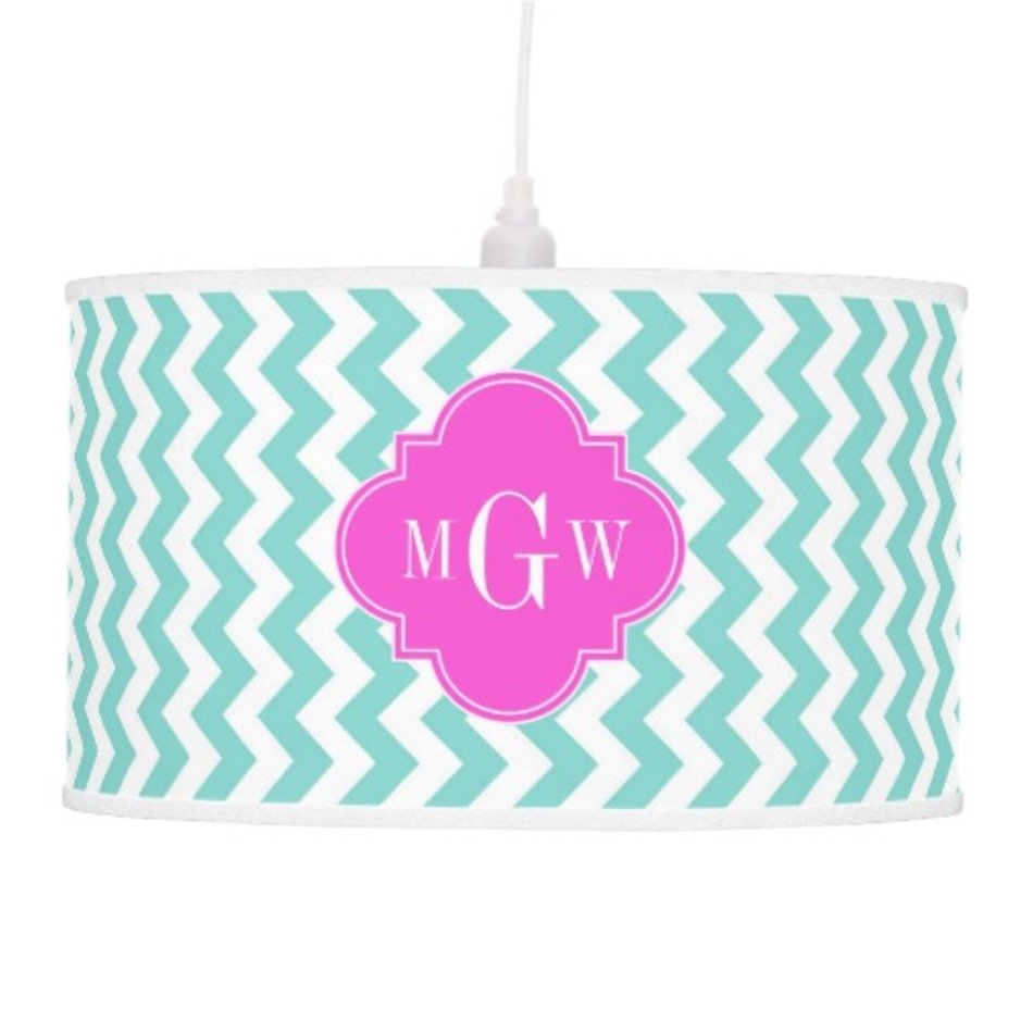 Aqua White Chevron Hot Pink Quatrefoil 3 Monogram Lamps