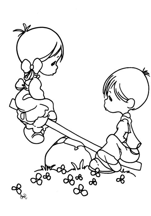 Precious Moments, boy and girl on swing, Coloring Page