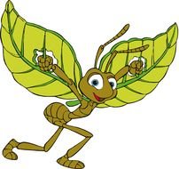 green insect with wings as a leaves, illustration