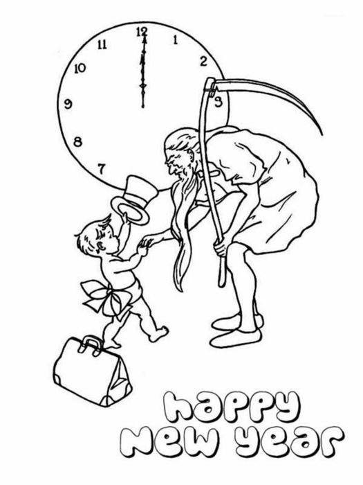 old and New Years at clockface, vintage Black And White drawing