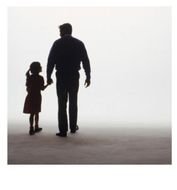 silhouette of Father And child Daughter walking away, drawing