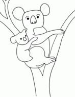 black and white picture of a koala with a child on a tree for coloring