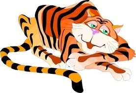 happy Cartoon Tiger rests on white surface