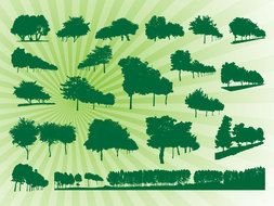 green silhouettes of trees of different species