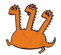 drawing of a brown dragon with three heads