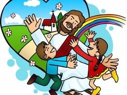 painted Jesus and the children against the background of the rainbow