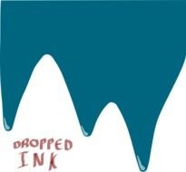 Dropped Ink, red lettering on black mountain, drawing