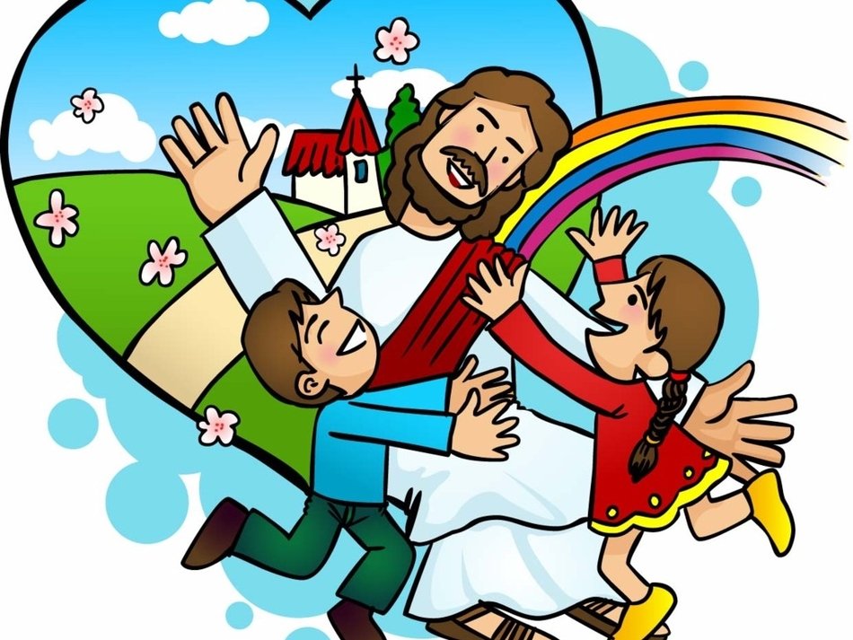 painted Jesus and the children against the background of the rainbow