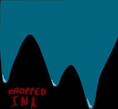Dropped Ink, red lettering on black mountain, drawing