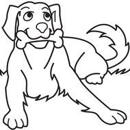 black and white drawing of a dog with a bone in his mouth