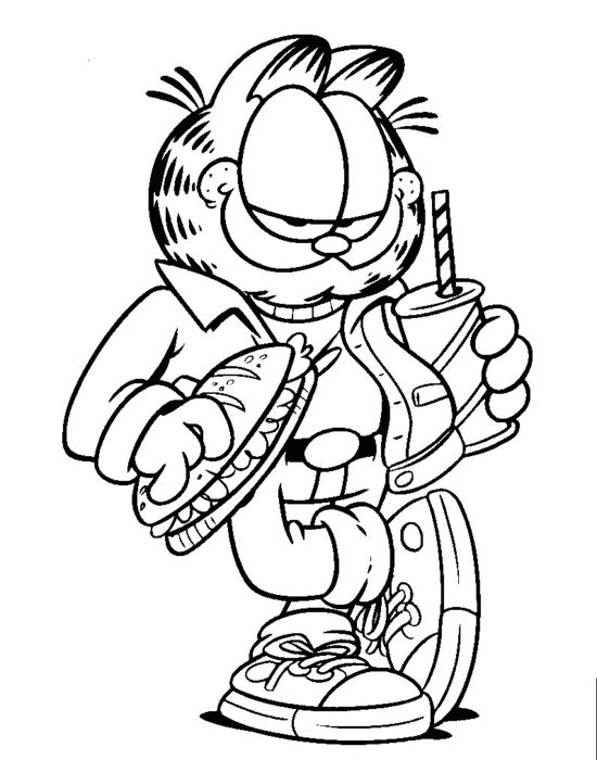 Garfield cat with hot dog and canned drink, Coloring Page free image ...