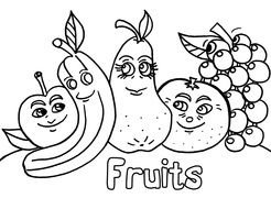 drawn cartoon fruits in a coloring book